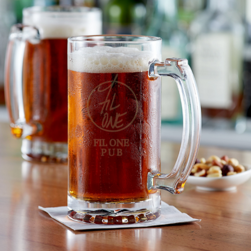 Custom-etched glass beer mugs by Creative Adventure Co.